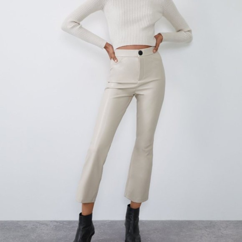 Zara cream faux leather flared leggings